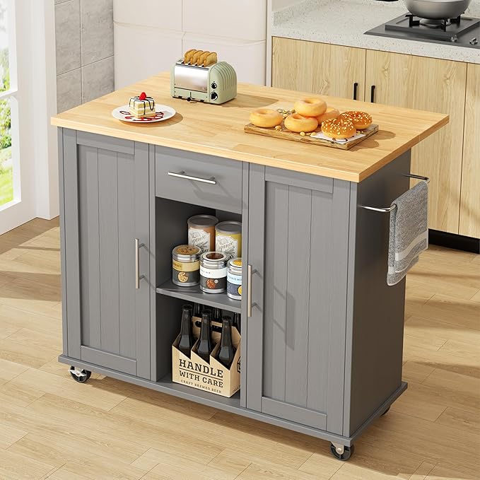 JY QAQA 42" Kitchen Island with Storage on Wheels, Rolling Table with Drop Leaf, Drawers, Cart Handle for Towel Rack or Free Movement, Gray