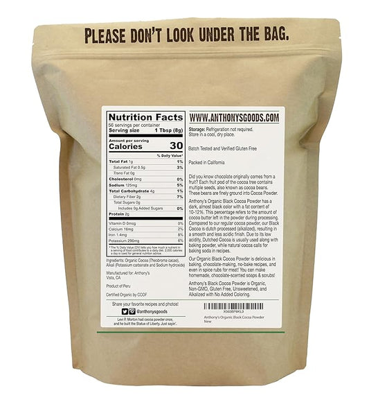 Anthony's Organic Black Cocoa Powder, 1 lb, Unsweetened, Dutch Processed, Gluten Free, Non GMO