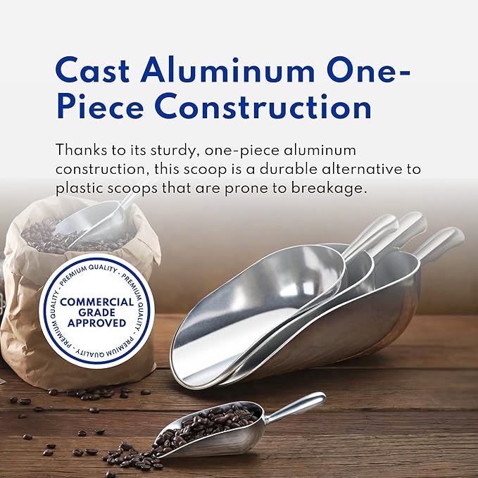 New Star Foodservice 34561 One-Piece Cast Aluminum Round Bottom Bar Ice Flour Utility Scoop, 38-Ounce, Silver (Hand Wash Only)