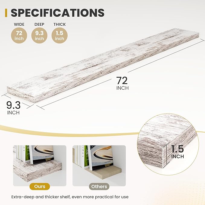 72 Inch Floating Shelves, 9.3" Deep Floating Shelf Wall Mounted, 72" Wall Shelves, Rustic Deep Bookshelf, Large Display Shelves & Storage Shelves for Bedroom, Living Room, Rustic, Set of 2