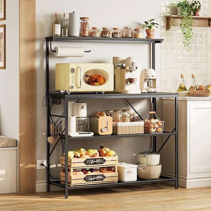 Huuger 4-Tier Bakers Rack with Reversible Power Outlet, 39.4 Inch Microwave Stand, Kitchen Coffee Bar, with Top Shelf, 6 S Hooks, Black