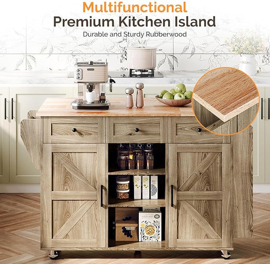 VINGLI Kitchen Island with Storage, 52" Rolling Kitchen Cart with 3 Drawers & Shelves, Drop Leaf Design, Mobile Island with Barn Doors, Towel & Spice Rack for Kitchen & Dining, Grey Brown Oak