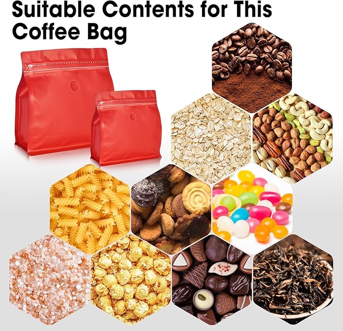 50 Count 8oz Coffee Bags with Valve,1/2 lb Vented Coffee Beans Packaging Bags High Barrier Aluminumed Foil Flat Bottom Heat Sealed Side Zipper Resealable Storage Bag for Home or Business(Red）