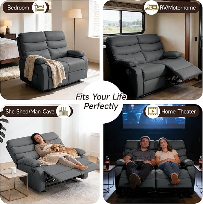 Reclining Loveseat, Anti-Scratch Leather Double Recliner Sofa with Side Pocket, Wall Hugger Loveseat Recliner for Living Room, RV, Home Theater(Grey)