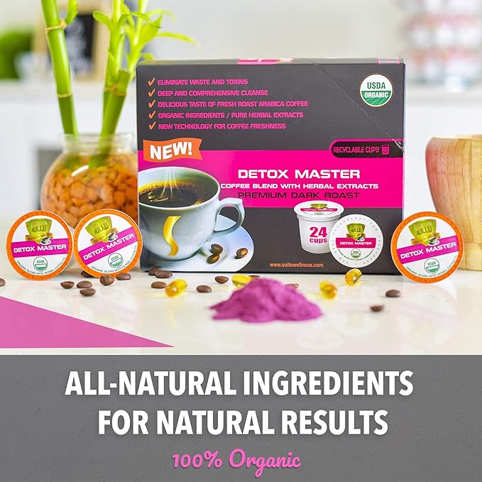 SOLLO Organic Detox Coffee Pods, Supports Diet & Metabolism with Herbal Extracts, Bold Dark Roast, Single Serve Pod, Compatible with Keurig K-Cup Brewers, 24 Ct