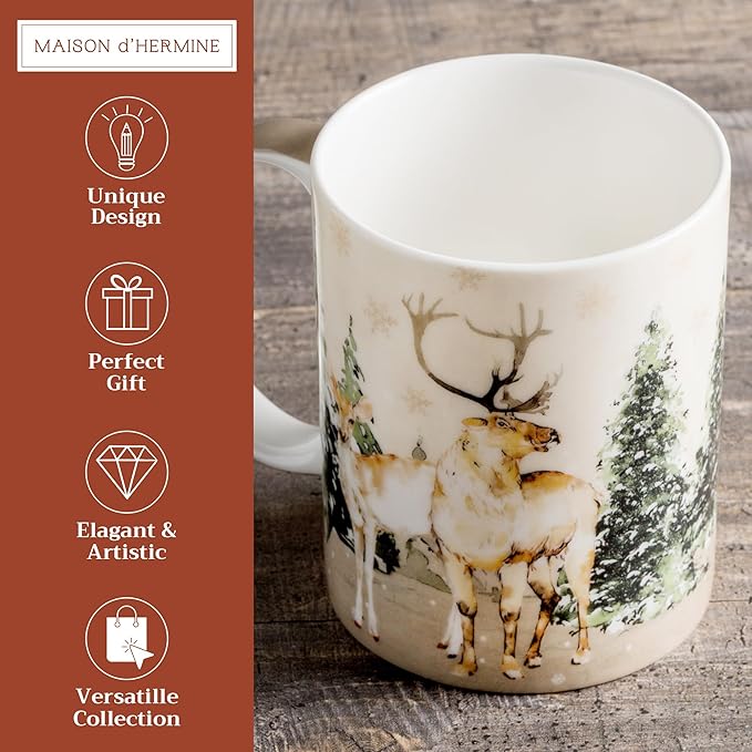 Maison d' Hermine Coffee Mug with Handles Fine Bone China Mugs Pack of One Tea Cups for Hot Beverages Cappuccino Latte Home Office Perfect for Gift (Deer In The Woods - Forest Deer, 15 Ounce)