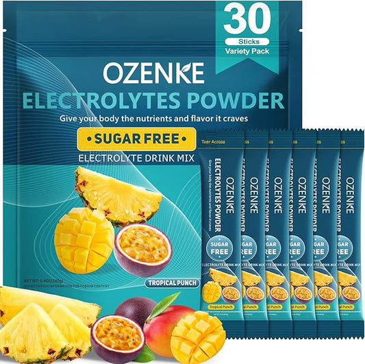 Electrolytes Powder Packets, 30 Sticks Hydration Packet Sugar Free, Electrolyte Drink Mix Travel Electrolyte for Rapid Hydration, Tropical Punch