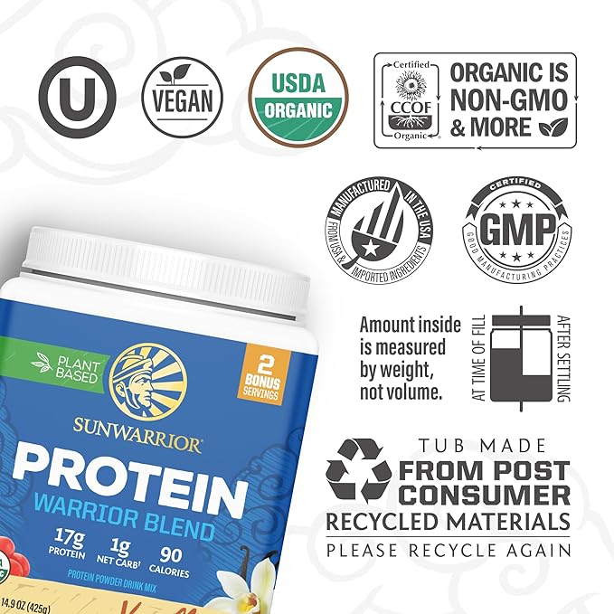 Sunwarrior Organic Plant Based Protein Powder – Vanilla, 17 Servings | Vegan, BCAA, Hemp Seed Pea Blend, Non-GMO, Gluten Free