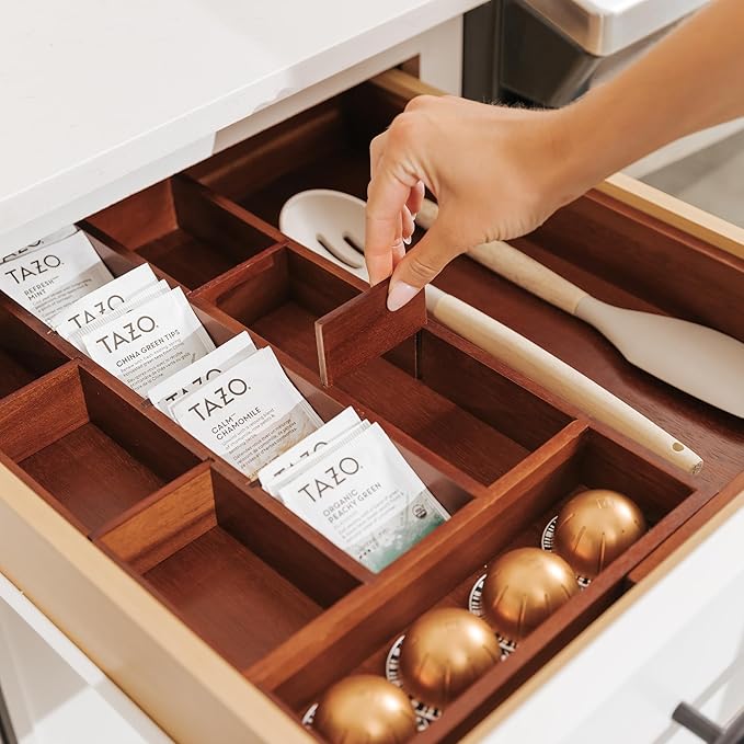 KitchenEdge Acacia Tea Bag and Coffee Pod Kitchen Drawer Organizer, Expandable 9.7 to 17 Inches, 10 Storage Compartments, Adjustable Wall Inserts, Non-Slip Feet, Food-Safe