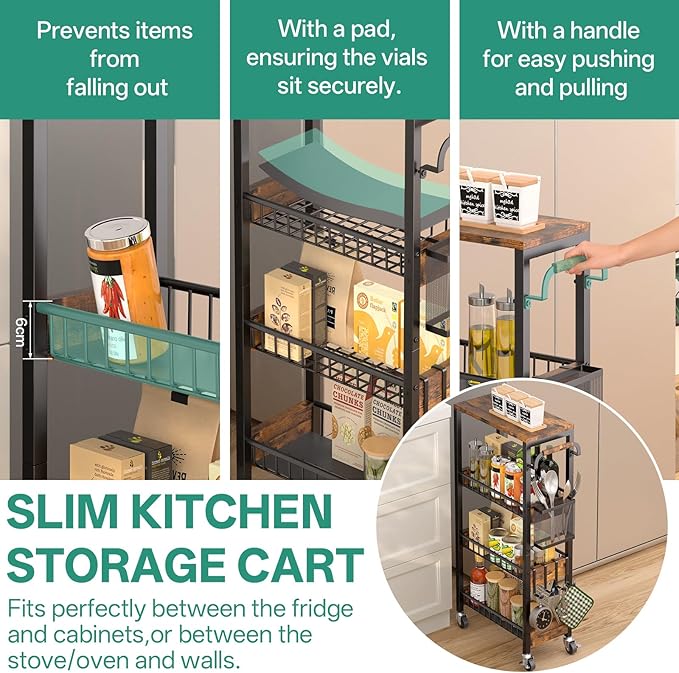 Slim Rolling Storage Cart, 4 Tier Small Organizer Cart with Wheels, Metal Utility Shelf Kitchen Bathroom Laundry Room Organization Trolley with Handle for Narrow Space (9.1" Overall Width)