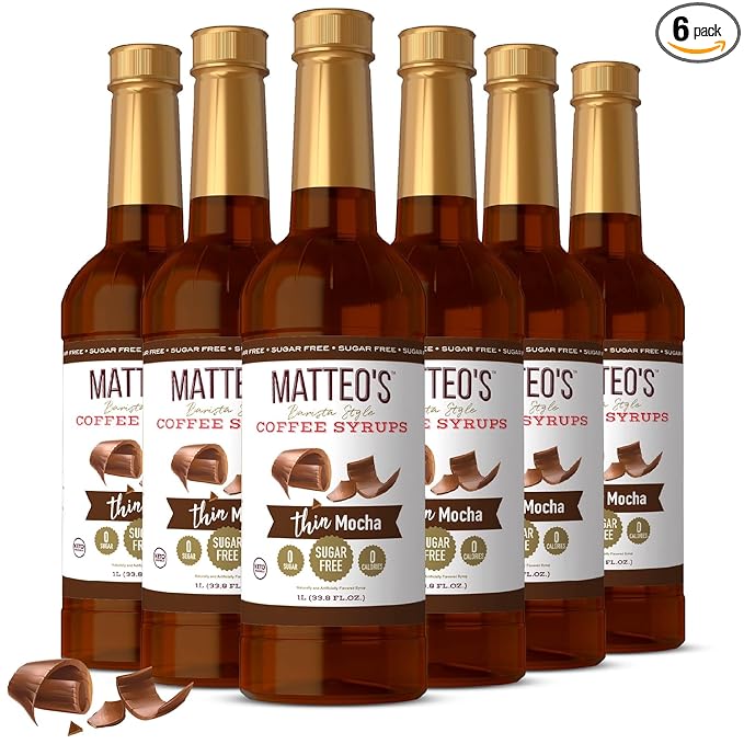 Matteo's Mocha Syrup for Coffee, Lattes, Cappuccinos & Desserts – Sugar-Free Sweetener for Beverages, Keto Friendly, Zero Calories, Indulgent Flavor, Non-Alcoholic, Ideal for Hot Drinks 33.8oz (6pk)