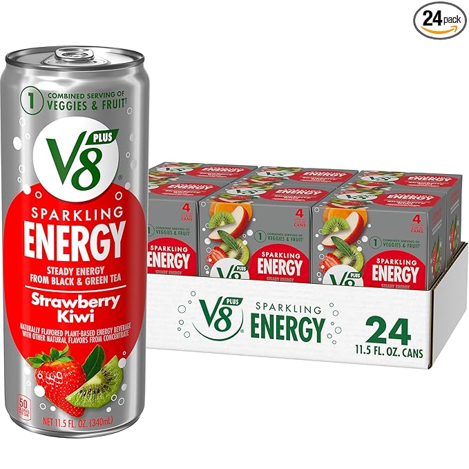 V8 +ENERGY Strawberry Kiwi Energy Drink, Made with Real Vegetable and Fruit Juices, 11.5 FL OZ Can (6 Packs of 4)