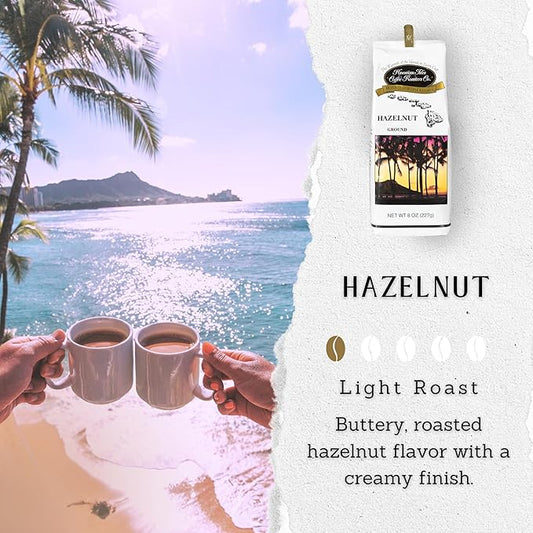 Hawaiian Isles Coffee Hazelnut Flavored, Light Roast Ground Coffee, Roasted with Aloha - 8 Ounce Bag