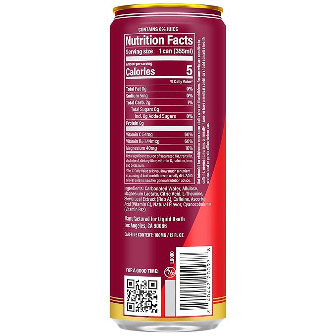 Liquid Death Sparkling Energy - Murder Mystery (Cherry, Cream, Spice), Sugar-Free Energy Drink, Unextreme Caffeine 100mg, Essential Vitamins, 12 Fl Oz (Pack of 12)