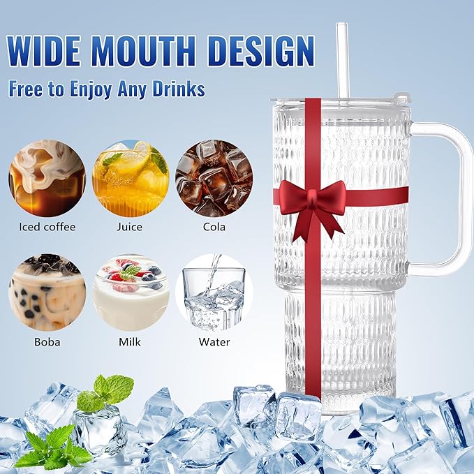 26oz Glass Cups with Lids and Straws,2 Pack Tumbler With Handle Mason Jar Wide Mouth Reusable Drinking Glasses with Lid and Straw Smoothie Tumbler Iced Coffee Beer Cup Travel Mug(Waterdrop)