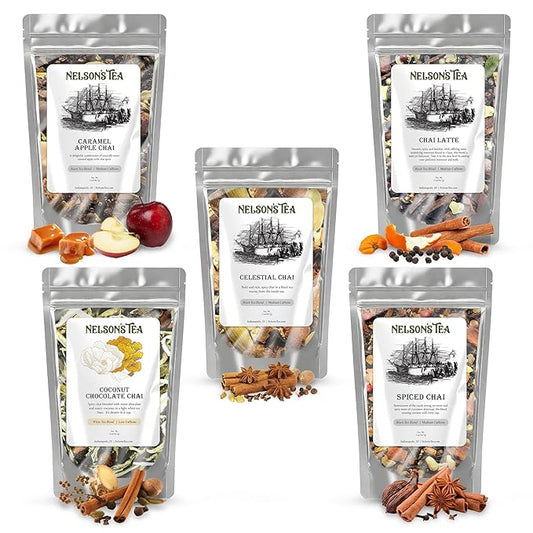 Nelson's Tea Chai Sampler Pack - 5 Flavors Variety Pack - Loose Leaf Tea Sampler - Caramel AppleChai, Celestial Chai, Chai Latte, Coconut ChocolateChai, Spiced Chai - 2 Oz Sizes