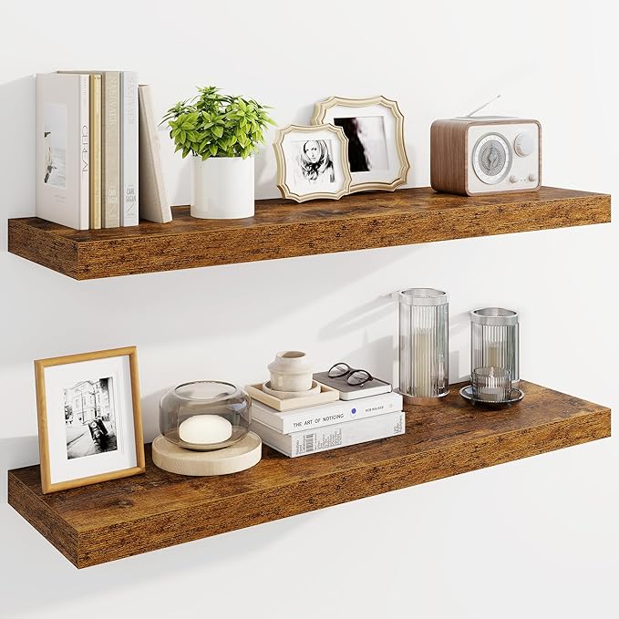 Marsmiles 36" Floating Shelves for Wall, Wooden Shelves with Invisible Brackets Set of 2, Rustic Farmhouse Wall Mounted Shelf for Kitchen Bathroom Living Room Study, Rustic Brown