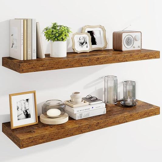 Marsmiles 36" Floating Shelves for Wall, Wooden Shelves with Invisible Brackets Set of 2, Rustic Farmhouse Wall Mounted Shelf for Kitchen Bathroom Living Room Study, Rustic Brown