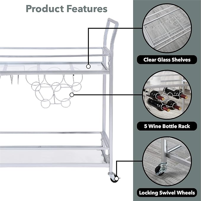 FirsTime & Co. Silver Delilah Bar Cart, 2 Tier Mobile Mini Bar, Kitchen Serving Cart and Coffee Station with Storage for Wine and Glasses, Metal and Glass, Modern