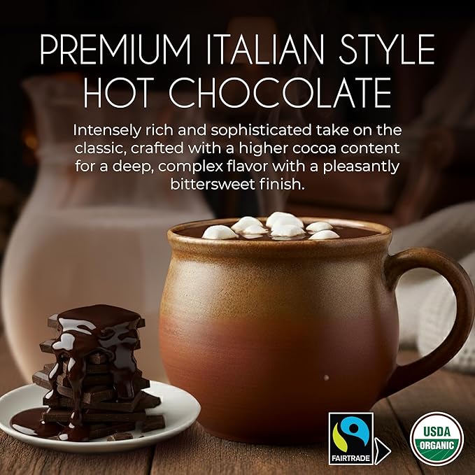 Cafe Garibaldi Premium Dark Hot Chocolate - Organic Instant Cocoa Mix with Dark Cacao Powder, Fair Trade, Gluten-Free, & GMO-Free, 8 Servings x 0.62oz Packets, Ideal Italian Hot Chocolate Gift