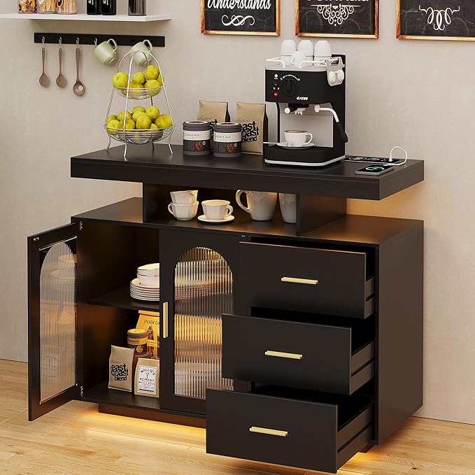 HWB RGB LED Coffee Bar Cabinet Kitchen Storage Cabinet & Sideboard Buffet Cabinets - Wood Coffee Bar Table with Shelf Capacity for Dinning Room/Living Room/Kitchen(Black)