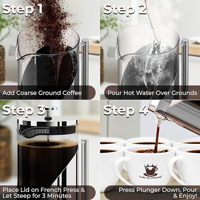 Cafe Du Chateau Stainless Steel French Press Coffee Maker 34 oz - Easy to Use Insulated Coffee Press with 4-Level Filtration, Manual Brewer for Tea, Camping & Travel with BPA Free, Durable Clear Glass