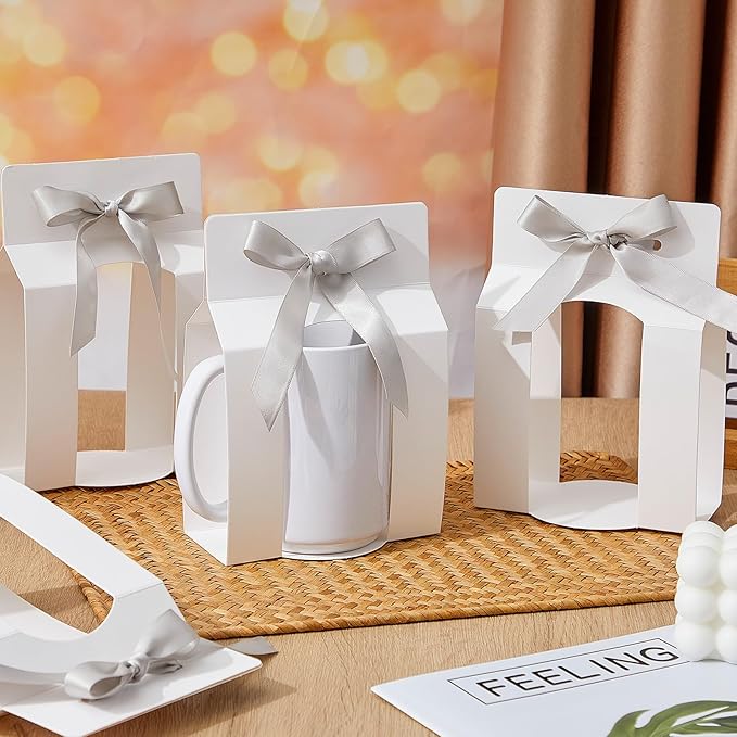 Kosiz 36 Pcs Mug Boxes Sublimation Coffee Mugs Gift Bags with Window Packaging Storage Box for Shipping Selling Wedding Valentines Gift Packaging Wrapping (for 15oz Mug,White,Silver)