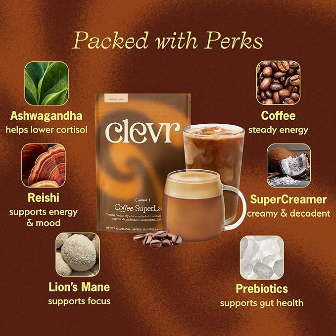 Clevr Mushroom Coffee – Decadent Café-Style Oat Milk Latte, Arabica Coffee, Ashwagandha, Lions Mane, Reishi, Probiotics for Energy & Focus – 14 Servings