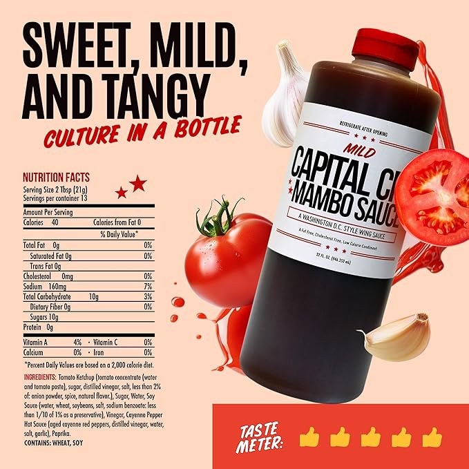 Capital City Mambo Sauce Mild, Washington DC Wing Sauces, Perfect Condiment for Wings Chicken Pork Beef Seafood Burgers Rice or Noodles, 32 oz