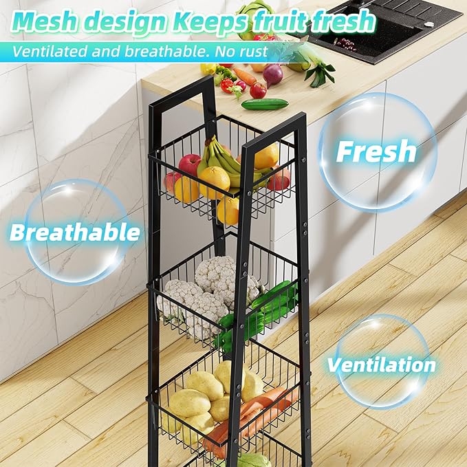 Simple Trending 4 Tier Wire Market Basket Standw, Fruit Basket Storage Stand for Vegetables, Bread, Onions, Potatoes, Black