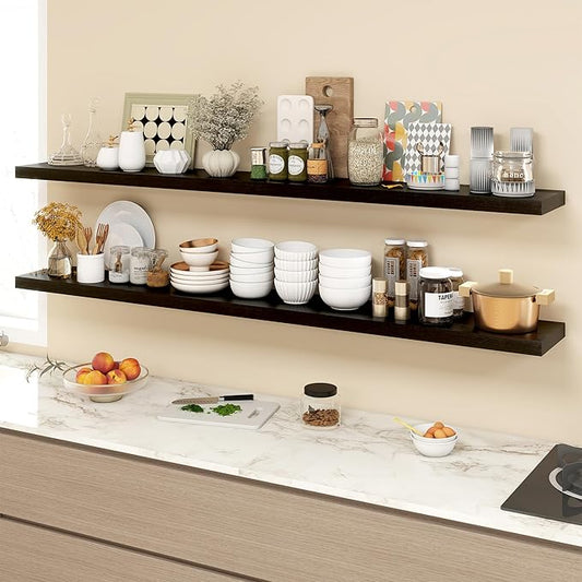 72 Inch Floating Shelves, 9.3" Deep Floating Shelf Wall Mounted, 72" Wall Shelves, Rustic Deep Bookshelf, Large Display Shelves & Storage Shelves for Bedroom, Living Room, Black, Set of 2