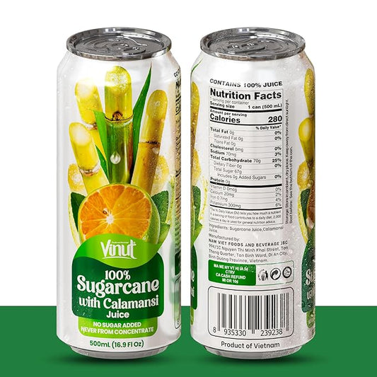 VINUT 100% Sugarcane with Calamansi Juice, No Added Sugar, Not From Concentrate, 16.9 fl oz (500 mL) Can, Pack of 12