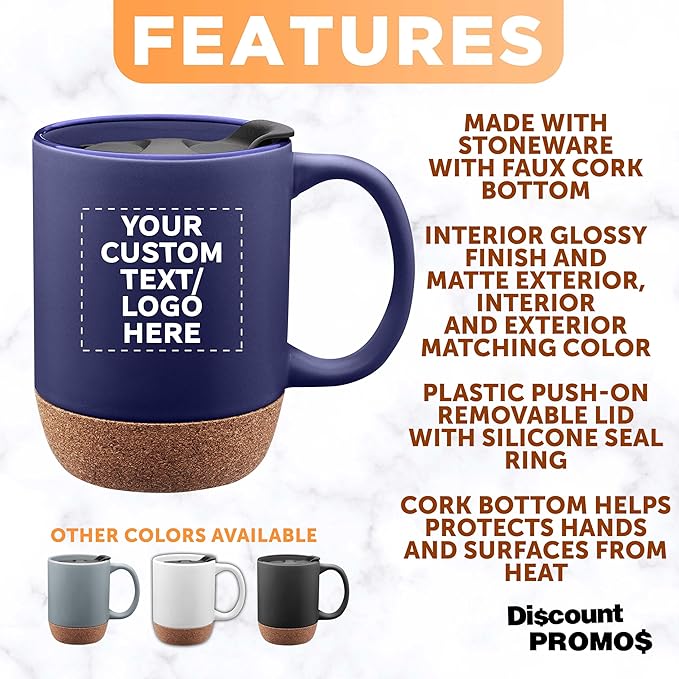 Custom Barista Ceramic Mugs with Cork Bottom 13 oz Set of 12/36/72 Personalized Bulk Pack Perfect for Coffee Tea Espresso Hot Cocoa Other Beverages - Blue