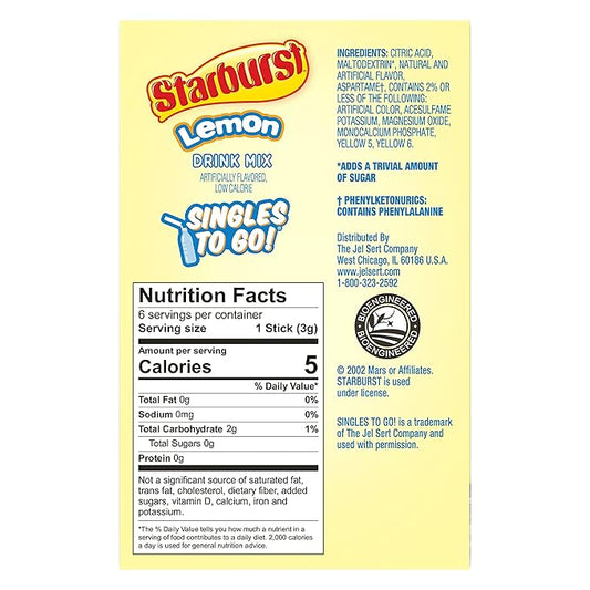 Starburst Singles To Go Powdered Drink Mix, Lemon, 3 Boxes with 6 Packets Each - 18 Total Servings, Sugar-Free Drink Powder, Just Add Water, 6 count (Pack of 3)