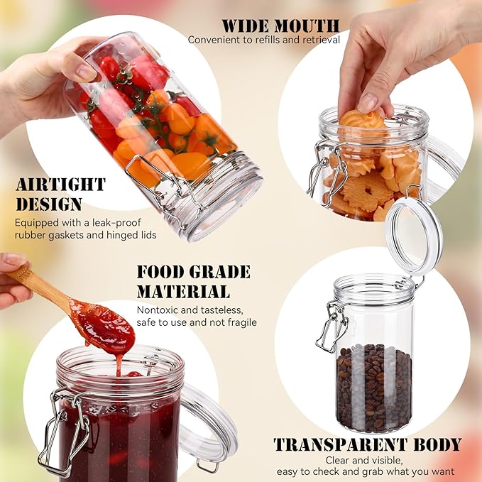 Suclain 6 Pcs 33 Oz/ 1000 ml Plastic Storage Jars with Airtight Hinged Lids, Clear Wide Mouth Food Storage Containers Empty Bottles Sealed Jars for Home Kitchen Candy Herbs Spices Coffee Nuts