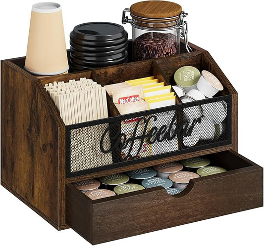 YINMIT Coffee Station Organizer with Drawer for Countertop, Wood Coffee Bar Organizer with Removable Dividers for Pods, Syrup, Cups, Stirrer, Office Bar Accessories (Iron Mesh-Vintage Brown, 2 Tier)
