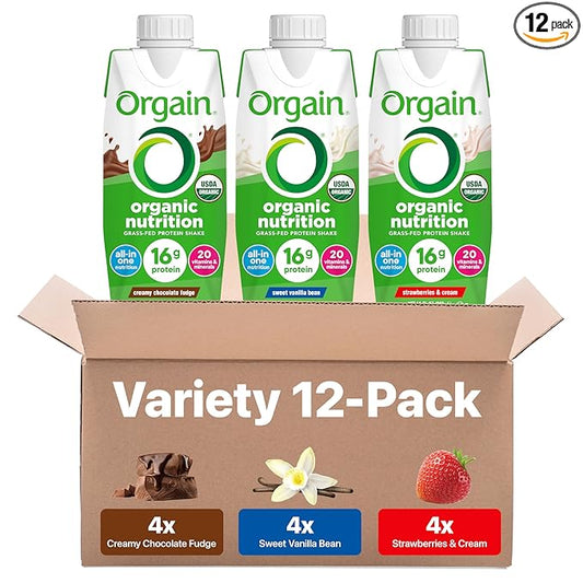 Orgain Organic Nutritional Protein Shake, 16g Grass Fed Whey Protein, Meal Replacement, 20 Vitamins & Minerals, Fruits & Vegetables, Variety Pack, Chocolate, Vanilla, Strawberry, 11 Fl Oz (12 Pack)