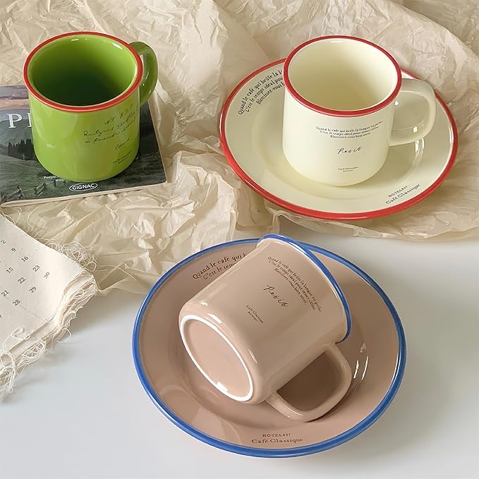10 oz Retro Enamel-Style Coffee Mug, Minimalist Colorful Rim Ceramic Cups With Text Deign & Colorful Rims (Beige)