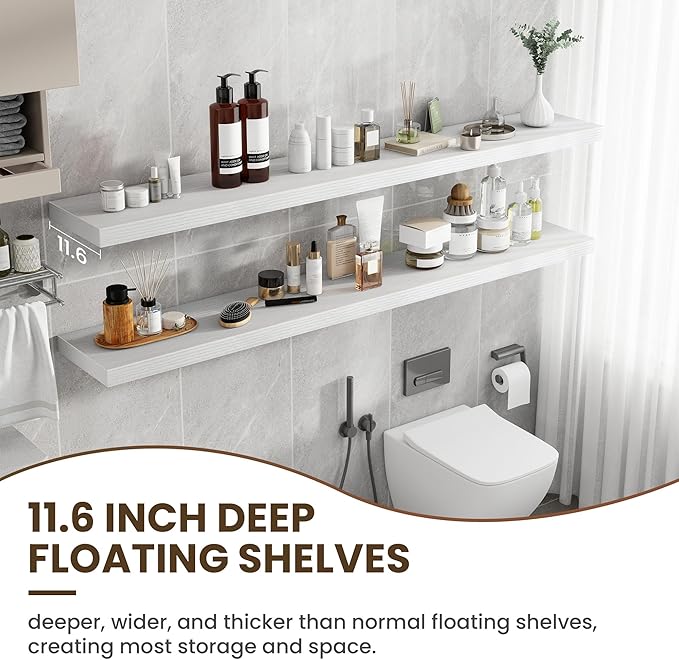 72 inch Floating Shelves for Wall, 12 Inch Deep Floating Shelf, Hanging Shelf with Invisible Brackets, Rustic Wooden Wall Shelves for Bathroom, Bedroom, Living Room,Farmhouse Set of 1,White