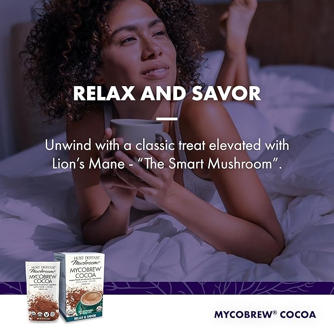 Host Defense MycoBrew Cocoa - Cocoa Drink Mix Includes Lion's Mane Mushroom Powder - Superfood Powder Drink Mix with Fair Trade Certified Chocolate - 10 Packets (10 Servings)