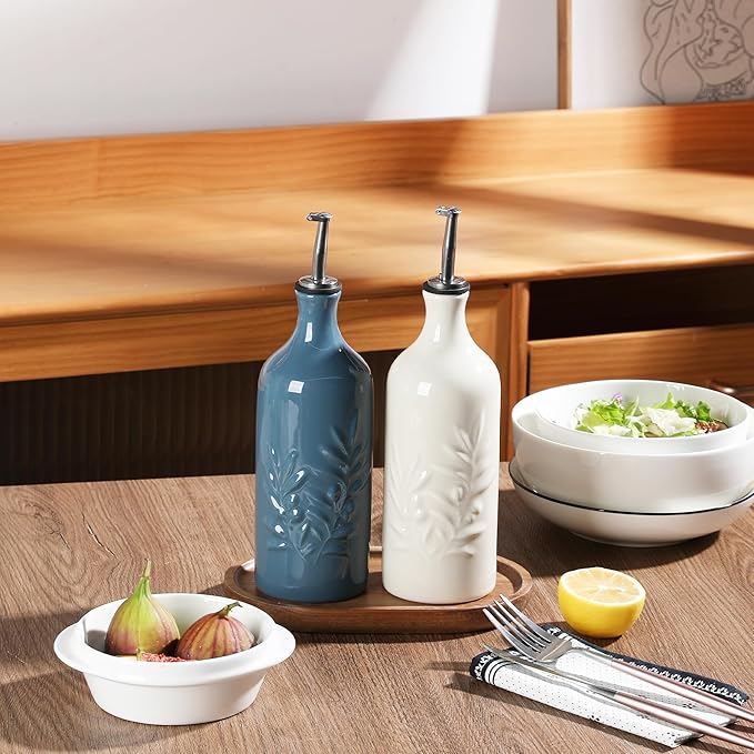 Sweejar Ceramic Olive Oil Dispenser Bottle, 20 Oz Relief Opaque Oil Cruet Protects To Reduce Oxidation, Suitable for Storage Vinegar, Soy Sauce,Liquids,Set of 2 (BeigeFogblue)