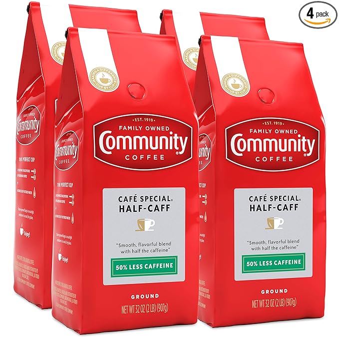 Community Coffee Café Special Half-Caff Ground Coffee, Medium Dark Roast, 32 Ounce Bag (Pack of 4)