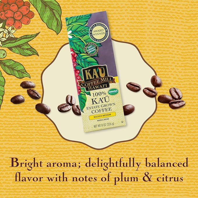 Ka'u Coffee Mill Washed Medium Roast Whole Bean Coffee - Bright Aroma - Plum & Citrus Notes - Handpicked & Washed Processed Hawaii Grown Arabica Beans - Gourmet Premium Small Batch - 8oz