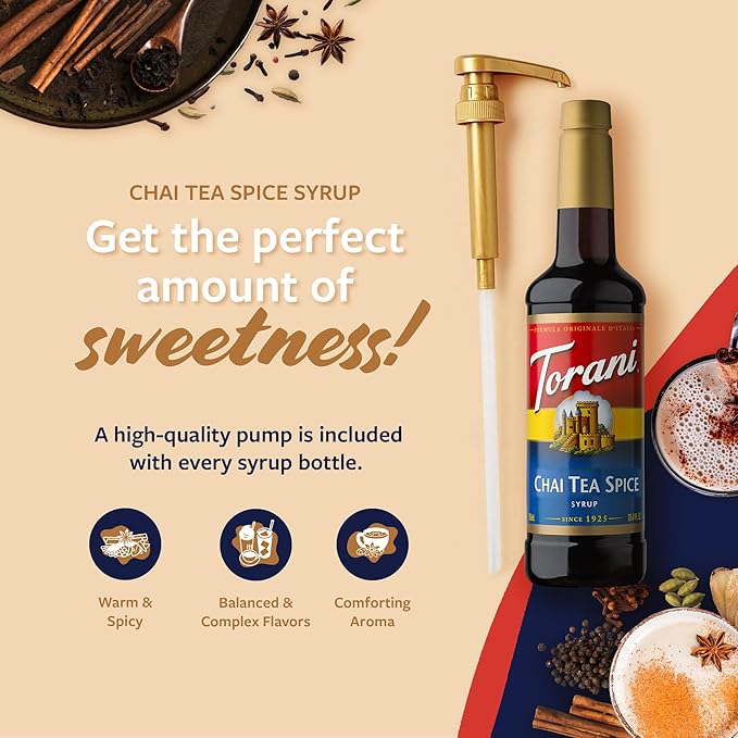 Torani Coffee Syrup, Chai Tea Spice Flavored Syrup for Drinks, Pump Included, 25.4 Fl Oz