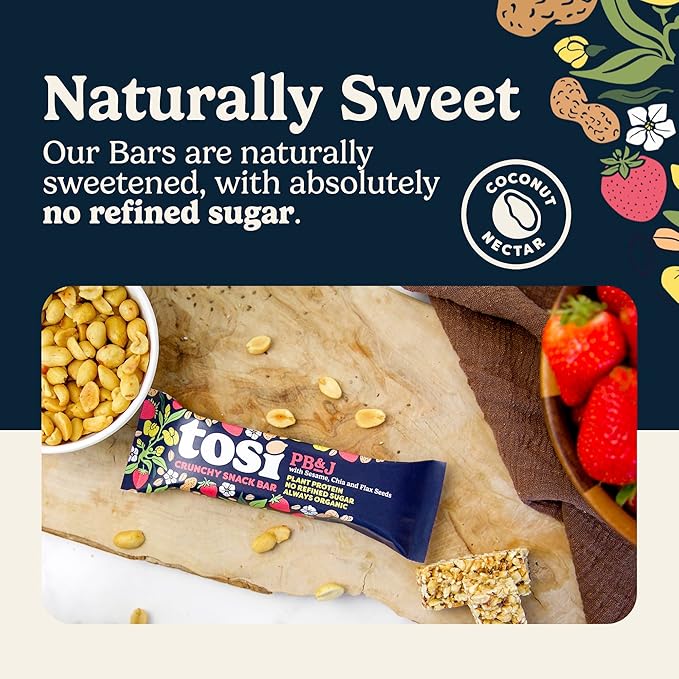 Tosi Nut Bars, PB&J, Healthy Snacks for Adults & Kids, Plant Based Crunchy Bars (7G Protein), Organic Keto Snacks, Vegan, Gluten & Soy Free, Low Sugar, Omega 3s, 1oz, 12-Pack