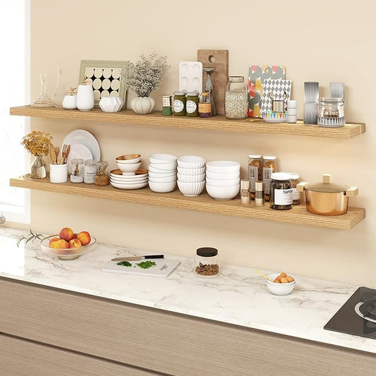 72 Inch Floating Shelves, 9.3" Deep Floating Shelf Wall Mounted, 72" Wall Shelves, Rustic Deep Bookshelf, Large Display Shelves & Storage Shelves for Bedroom, Living Room, Light Brown, Set of 2