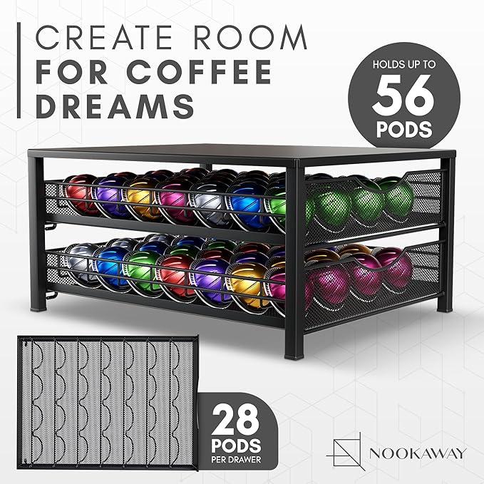 Coffee Pod Holders Drawer - 2 Tier K-Cup Holder Drawer with 56 Pod Cap, Kcup Storage Nonslip Rubber Mat - Dual Sliding K Cup Organizer, Coffee Station Organizer for Countertop Home Office