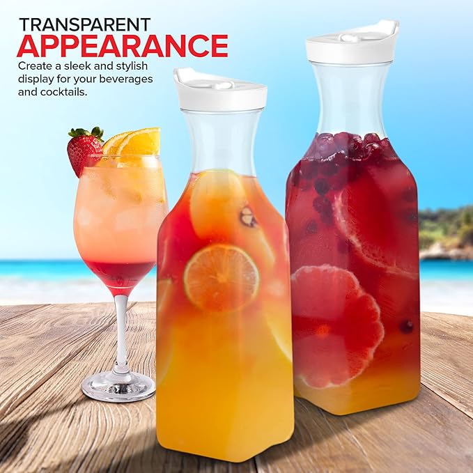 Stock Your Home 50 oz Square Carafes Plastic Juice Carafe with Lids (Set of 4) 50 oz Carafes for Mimosa Bar, Drink Pitcher with Lid, Water Bottle, Milk Container, Clear Beverage Containers for Fridge