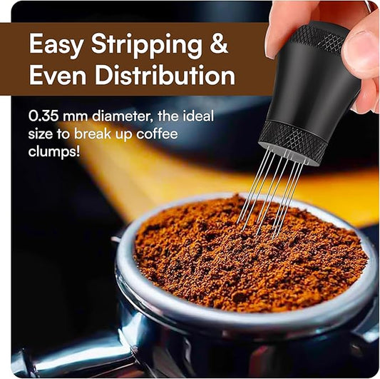 WDT Tool – Espresso Distribution Tools, Black Aluminum Alloy Handle with Stand, Coffee Mixer, and 10 Stainless Steel Needles