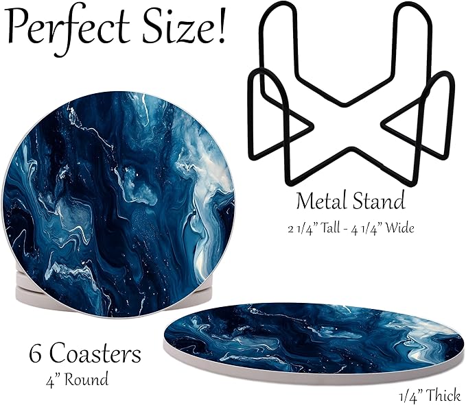 Blue Agate Marble Round Coasters Set of 6 - Abosrbent Ceramic Coasters with Metal Stand for Drinks, Coffee, Non-Slip Cork Back for Tabletop Protection, 4 Inches Marbled Pattern (Dark Marble)